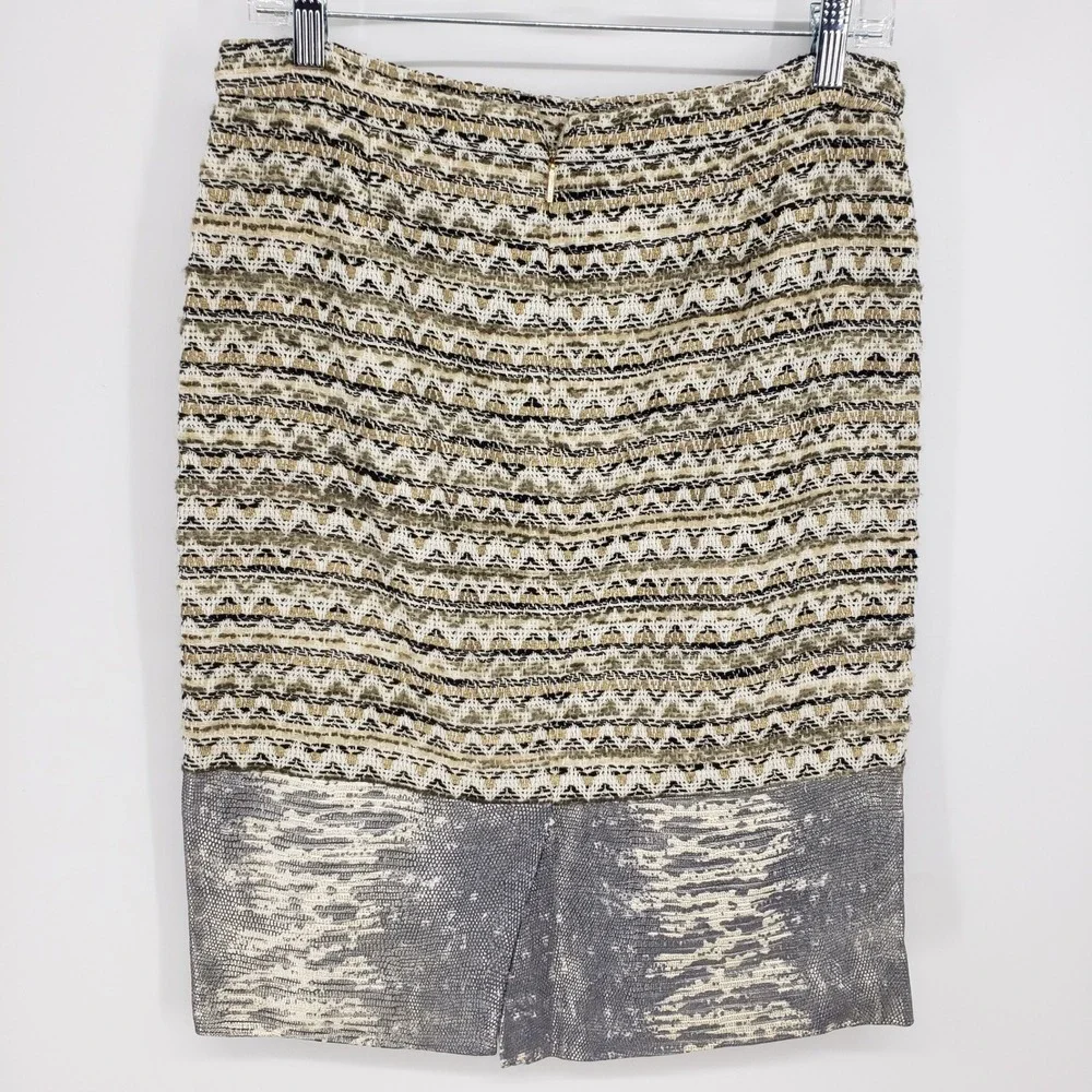 Tory Burch Metallic Tweed Snakeskin Leather Trim Pencil Skirt Women Size 6 Gold